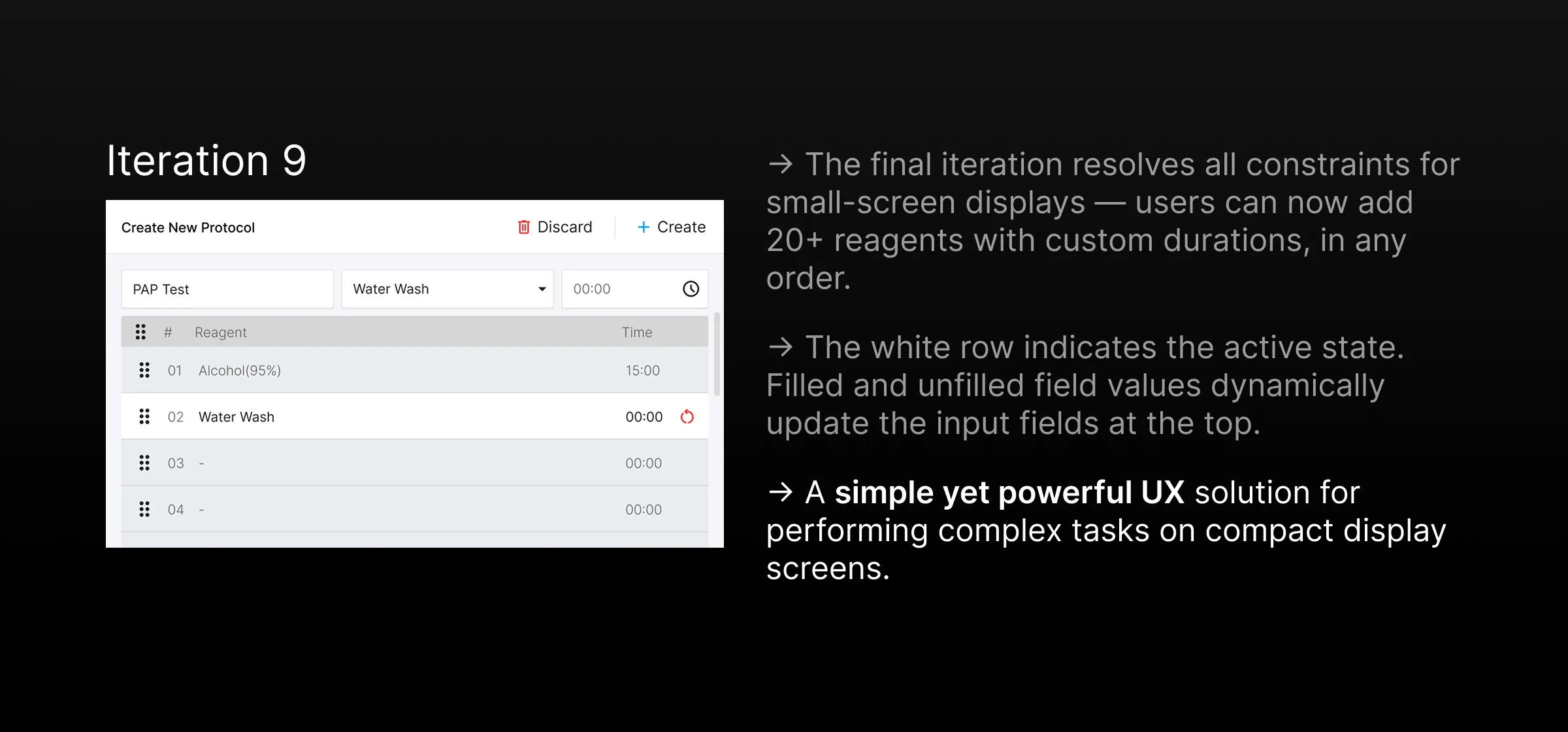 Aindra Systems final protocol screen — Iteration 9, the resolved small-screen solution
