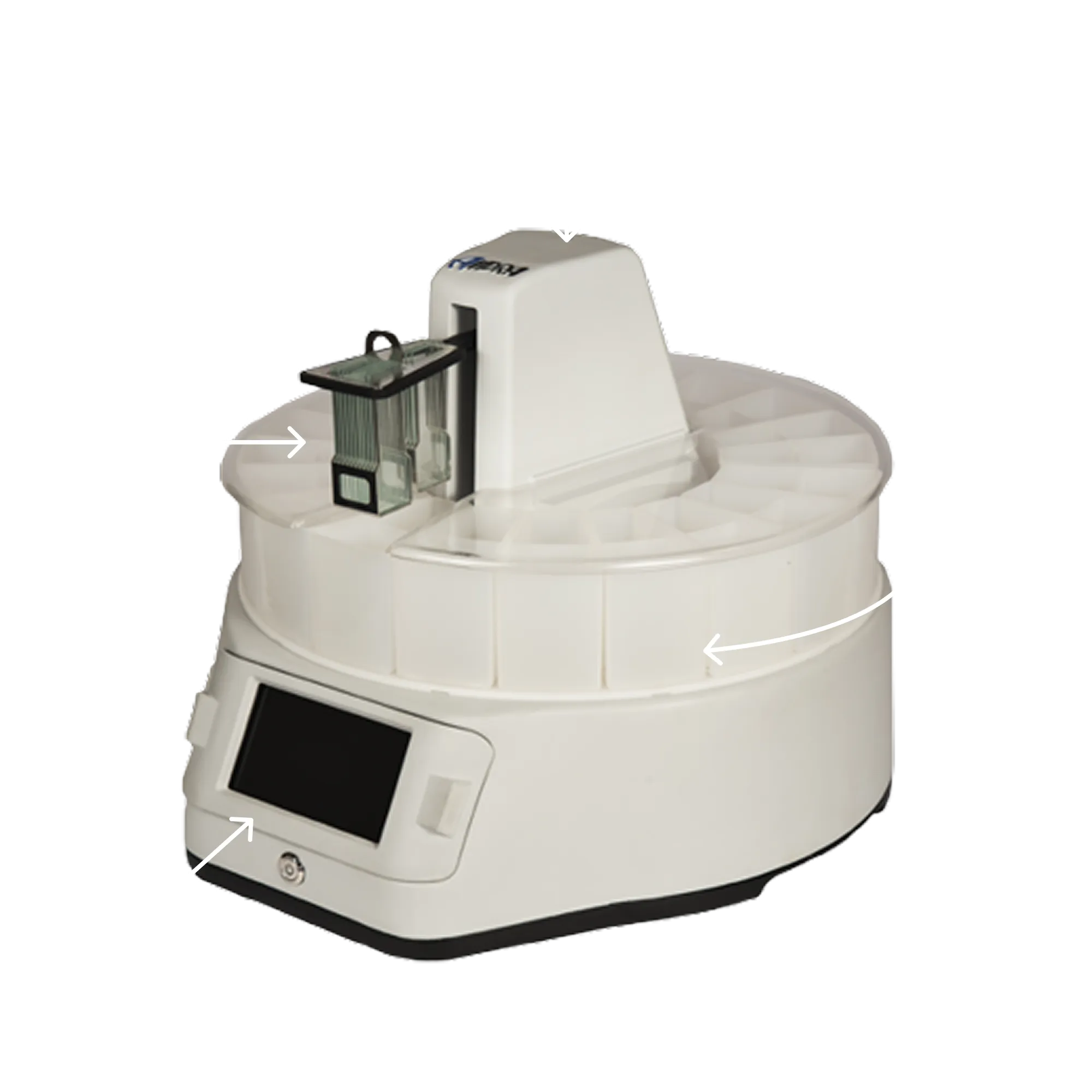 Autostainer hardware — slide movement, rotating reagent carousel, and control panel